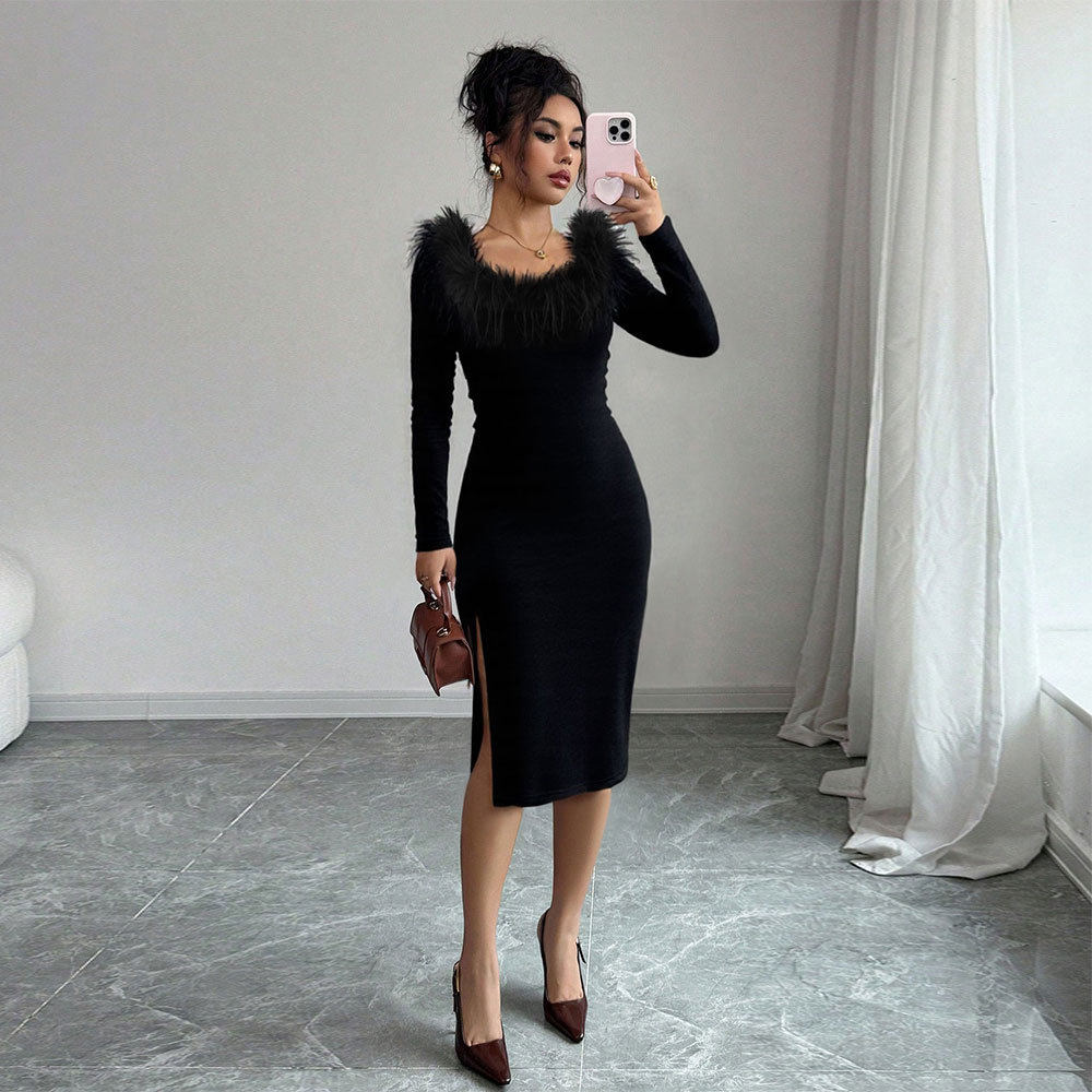 Black Plush Collar Long Dress for Women Slim Fit Side Split Elegant Style Perfect for Spring Summer Evening Events