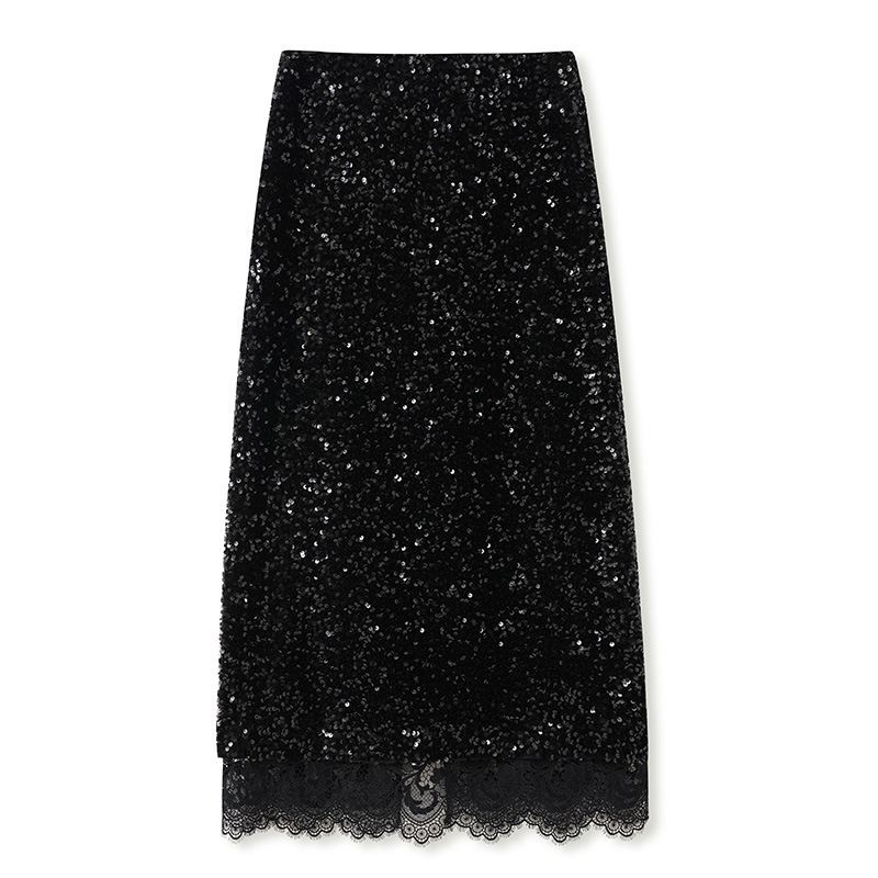 Chân váy dài dáng suông thêu họa tiết hình học phối sequin — Màu đen