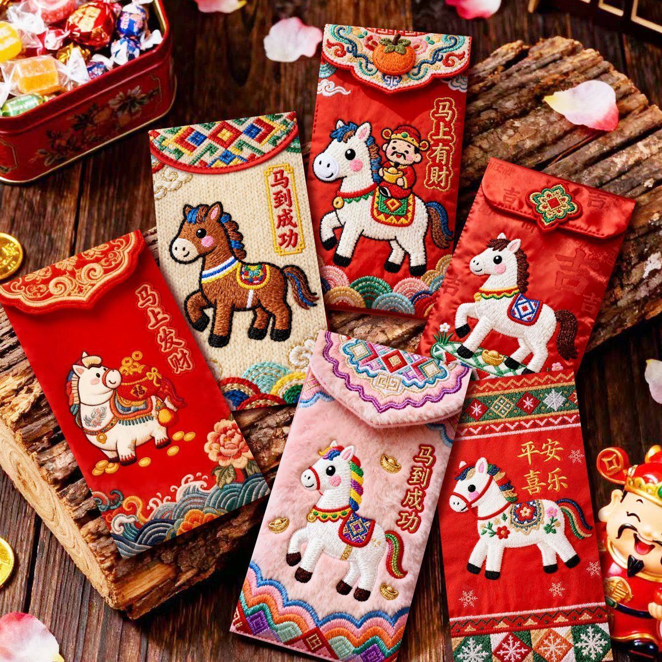 Tiktok Trending 2026 Year of the Horse Faux Flat Embroidery Cartoon Lucky Money Envelopes for Spring Festival Creative New Year Greeting Red Packets
