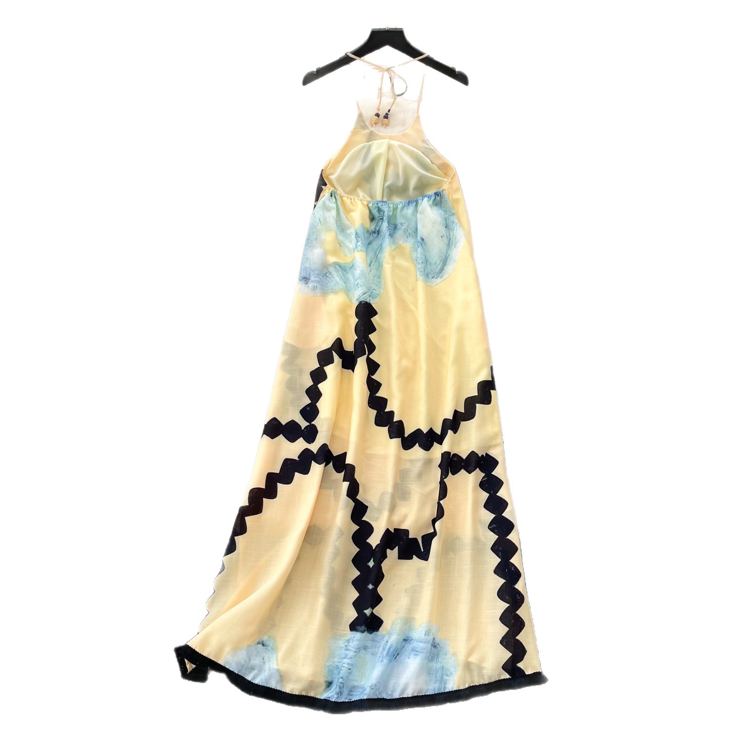 Yellow Floral Halter Maxi Dress for Women Summer Sexy Open Back Tassel Details Beachwear French Style Wholesale