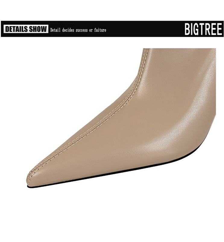 Boot nữ cổ thấp mũi nhọn gót nhọn cao 7.5cm phong cách thanh lịch — Màu đen lót một lớp, Màu đen lót nhung, Màu Kaki lót nhung, Màu Kaki một lớp lót trong