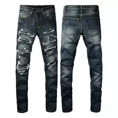 Dropshipping European and American Men's Jeans Men's Trendy High Street Pants Ripped Patchwork Leather Slim Men's Pants 1320