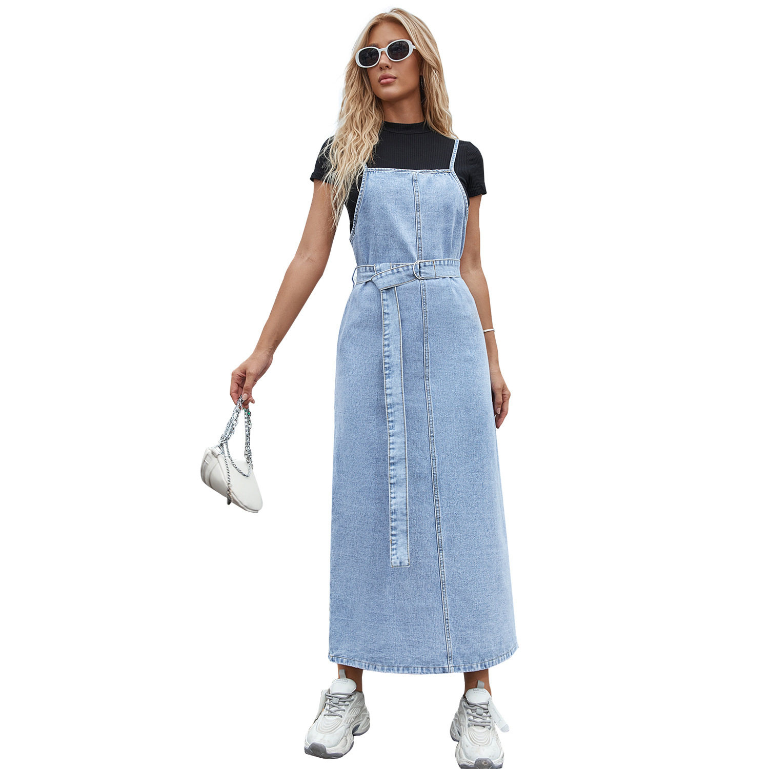 Womens Denim Midi Dress Fashionable Waist Defined Design Sleeveless Autumn Winter Style Wholesale Available