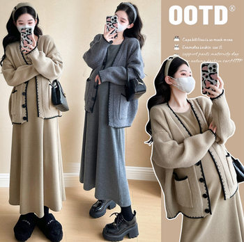 Maternity Wear Autumn and Winter Trendy Mom New Fashionable Elegant Knitted Jacket Winter Casual Bottoming Shirt Dress Two-Piece Set