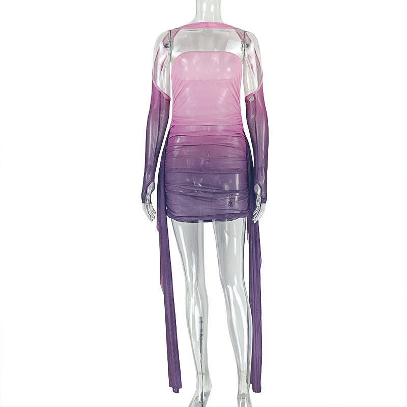 Gradient Color Bodycon Dress Off Shoulder Long Sleeve Short Length Chic Style for Parties and Events Wholesale