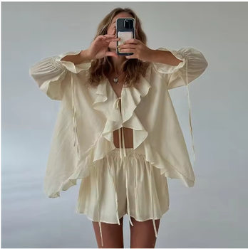 French V-neck loose flounce shirt hot pants suit 2025 spring and summer European and American new fashion cross-border two pieces
