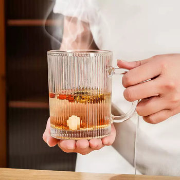 Striped glass water cup set with handle household living room drinking cup beer cup vertical grain handle Cup smoky gray glass