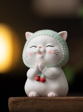 【许愿猫】可爱小猫摆件手工陶瓷家居装饰品卡通动物玄关桌面摆设