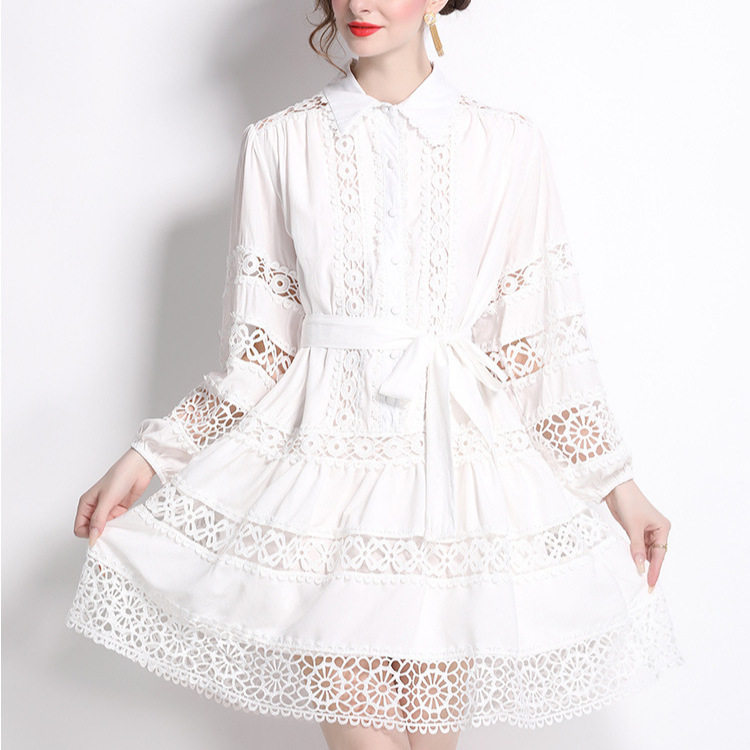 Vintage French Style Womens A Line Dress Hollow Embroidery Lace Panels Lantern Sleeves Button Closure Elegant