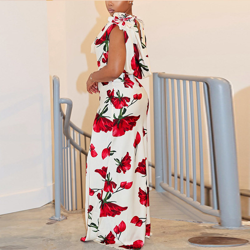 Elegant Floral Print Backless Long Dress Wrinkled Design Slim Fit Mid Waist Perfect for Parties and Special Occasions