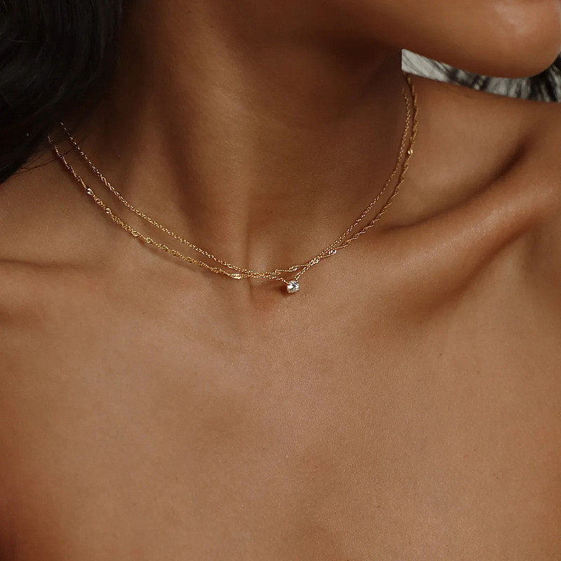 Korean Style Light Luxury Ins Fashion Diamond-encrusted Corrugated Collarbone Chain All-match Simple Niche Design Double Layer Imitation Zircon Necklace