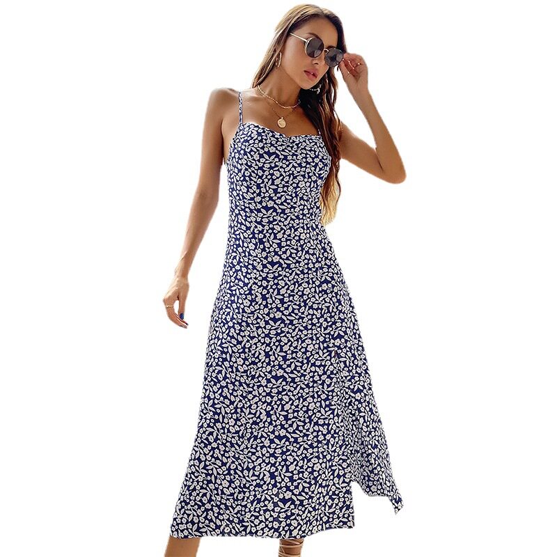 Elegant Floral Print Slip Dress Slim Fit Spaghetti Straps Side Slit Summer Occasion Wholesale Available
