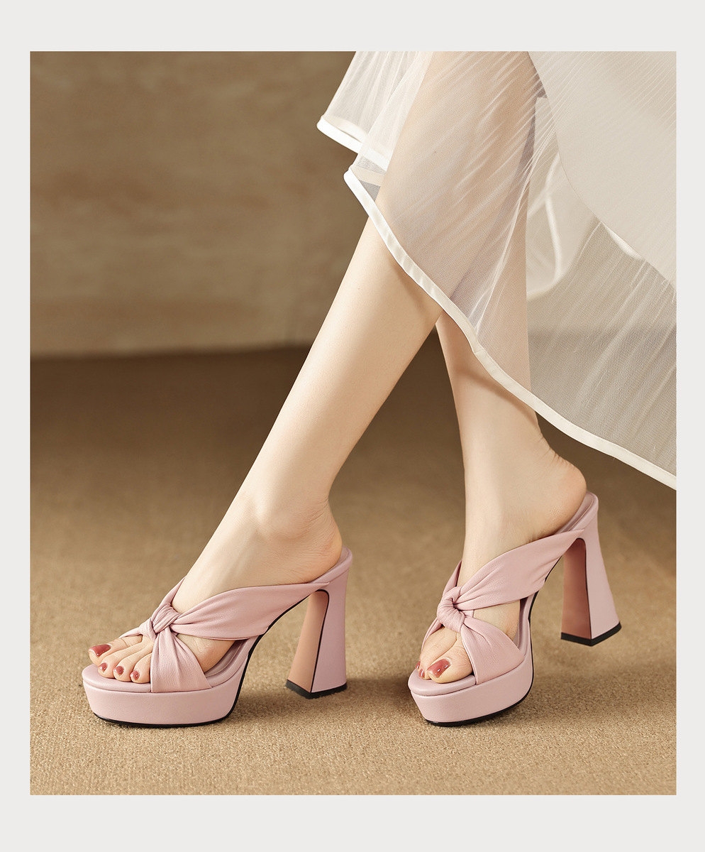 Sandal nữ quai ngang gót thô đế xuồng, mũi tròn da cừu, đi ngoài trời — Đen 10cm, Đen 8cm, Màu hồng 10cm, Màu hồng 8cm