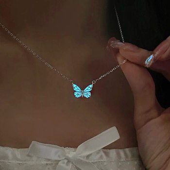Luminous Butterfly Necklace ~ Design Ins Blue Luminous Smart Butterfly Bracelet Female Forest Aurora Clavicle Chain