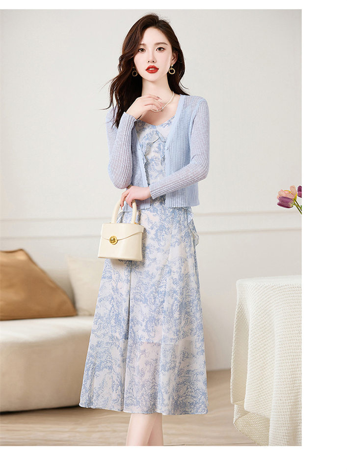 Set Áo Khoác Cardigan Dệt Kim Và Đầm Hai Dây Xòe Họa Tiết Hoa Phong Cách Thanh Lịch Màu Hồng, Xanh chi tiết 23