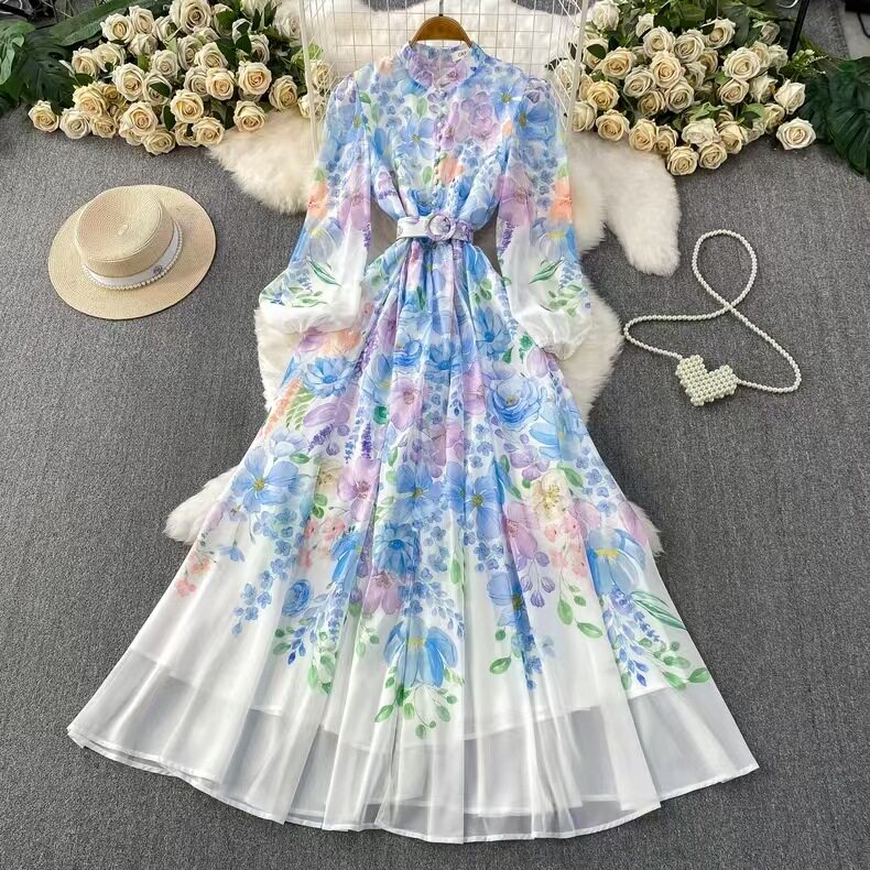 French Romantic Floral Long Sleeve Dress for Women Stand Collar Waist Tie Flattering A Line Perfect for Spring and