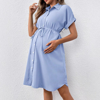 European and American New Maternity Wear Summer Short-Sleeved Button Casual Maternity Dress Fashion Belt Shirt Maternity Dress