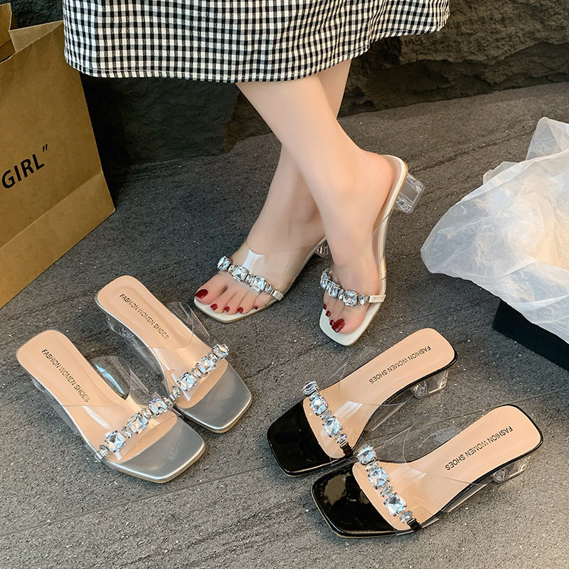 Fairy Style Rhinestone Slippers Women's Outwear Fashionable Summer High-end Transparent One-line Crystal Thick Heel High Heel Sandals