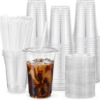 100 set 14/16oz with straw lid leak proof paper disposable clear cup for iced coffee milkshake milk tea