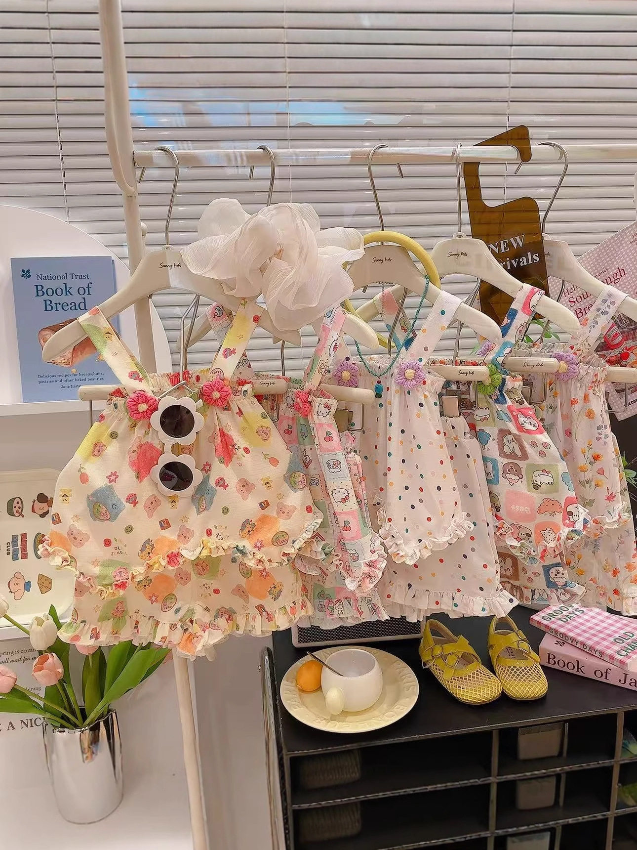 Girls' Short Spaghetti Strap Dress Set, Summer Floral Print Cartoon Cute Ruffled Wave Hem Two-Piece Outfit