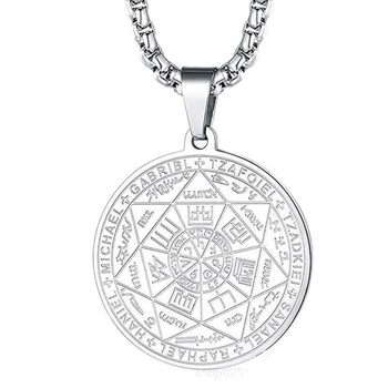 European and American Religious Scripture Seven Angels Seal Tagging Rune Pendant Stainless Steel Round Brand Necklace Mysterious