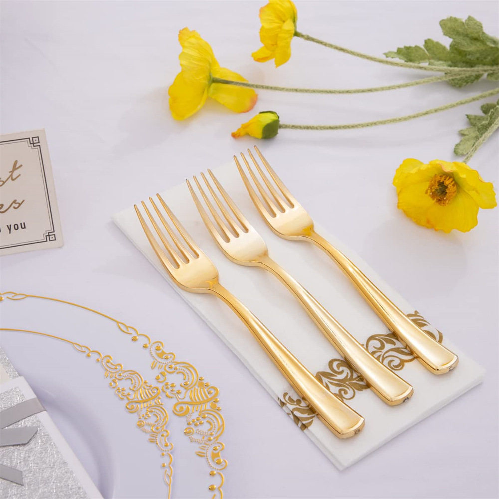 Amazon cross-border PS plastic UV plating golden disposable knife and fork spoon birthday wedding cross-border party tableware