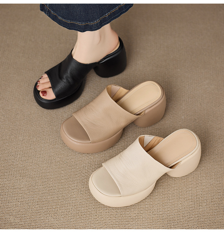 Dép xỏ ngón nữ mũi hở gót thô đế xuồng cao gót — Màu be, màu đen, Màu trắng ngà