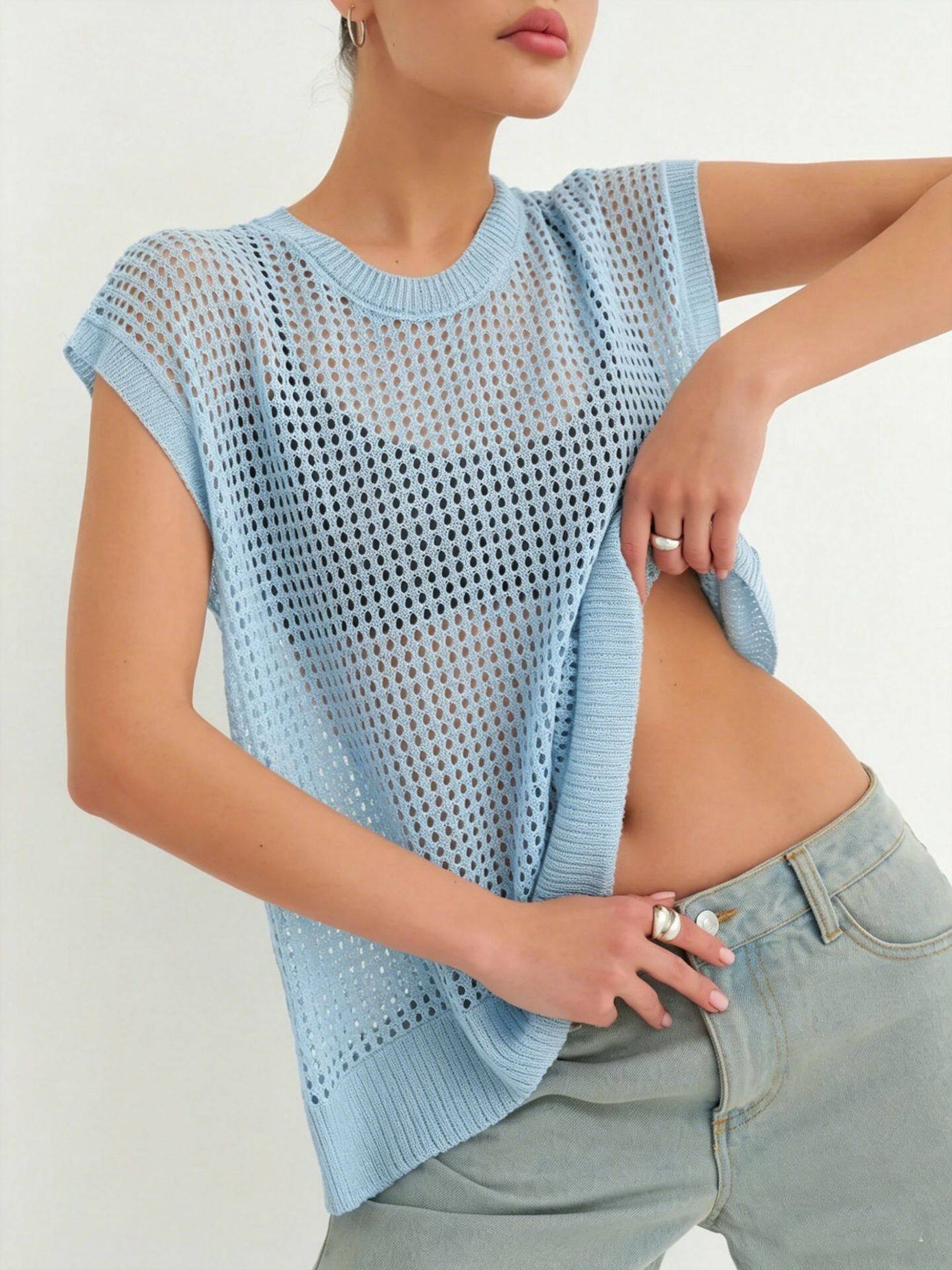Lace Knit Sweater Vest Lightweight Sheer Round Neck Spring Summer Fall Fashion Wholesale Available