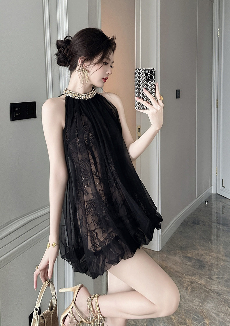 Đầm ren ngắn sexy cổ yếm dáng chữ A — [Đen] chi tiết 1