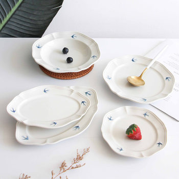Japanese Cartoon Retro Swallow Relief Plate Ceramic Creative Breakfast Dessert Plate Oval Plate Snack Plate Deep Plate