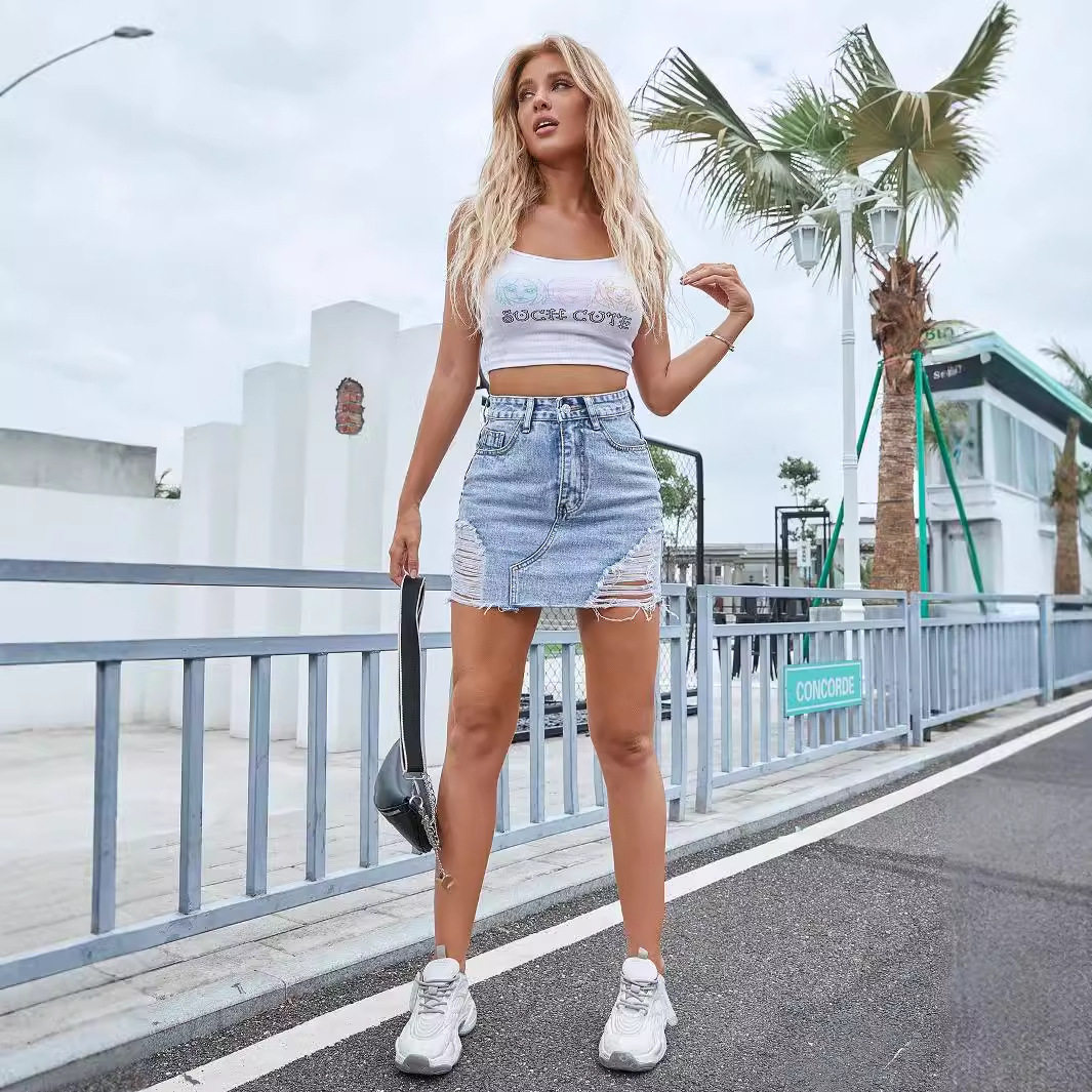 High Waisted Distressed Denim Skirt Vintage Style Slim Fit Unique Design Casual Wear for Women Wholesale Available
