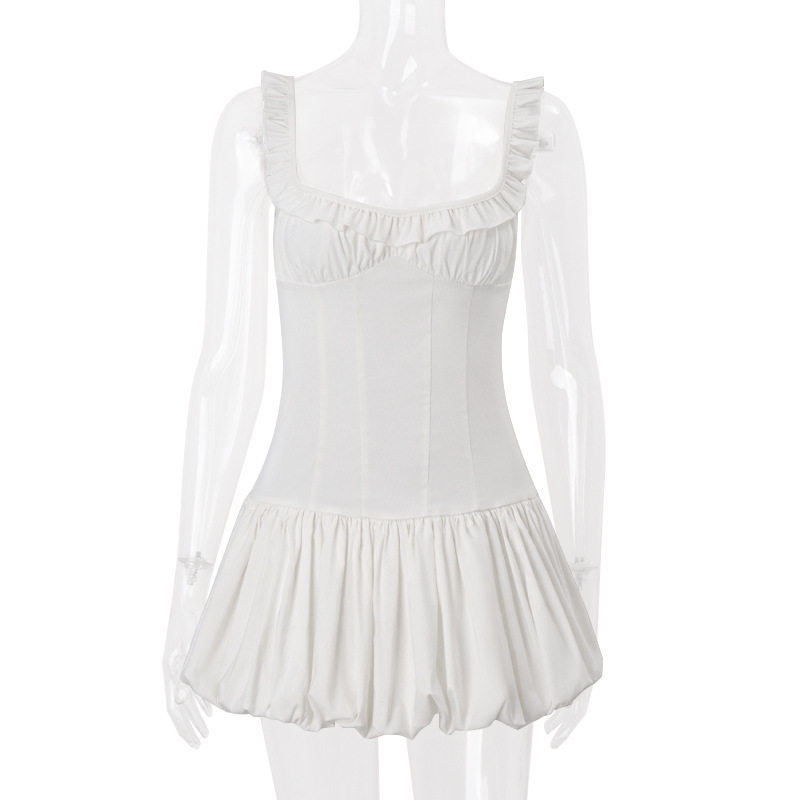 Summer Womens Dress Chic Low Cut Pleated Puff Dress Trendy for Parties and Events Wholesale Available