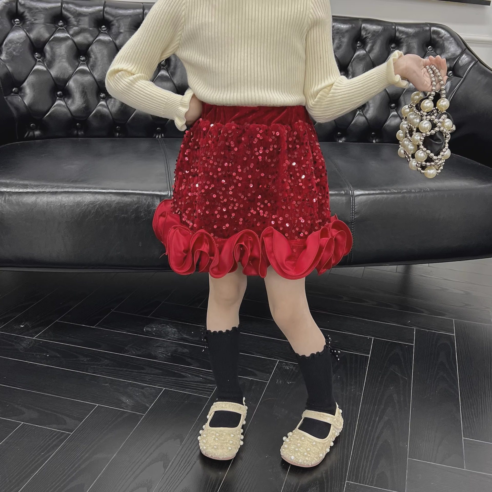 童装冬款女童亮片拜年半身裙甜美百搭蓬蓬短裙红色加绒女裙子,淘宝优惠券,粉丝福利购,淘宝优惠卷