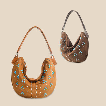 Niche design women's bag vintage rivet frosted portable messenger bag Crescent underarm shoulder bag suede tote bag