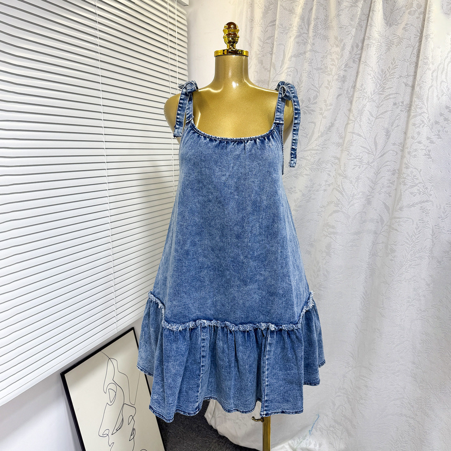 Fashionable A Line Denim Dress Summer Sleeveless Color Block Design Adjustable Straps Casual Wear Wholesale