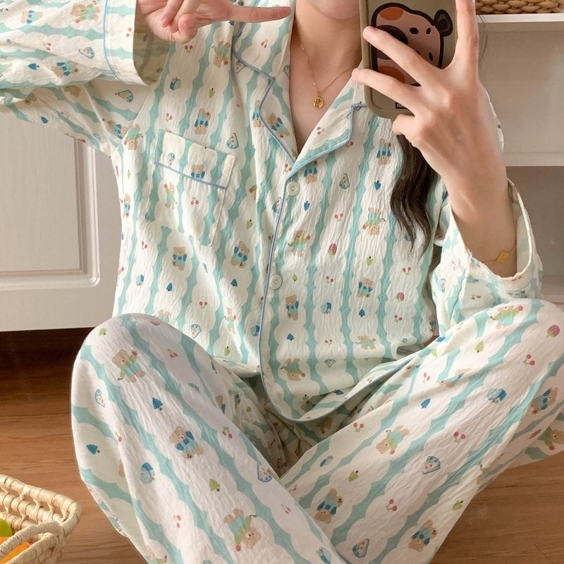 带胸垫大码睡衣女春秋季长袖甜美少女草莓条纹家居服套装现货跨境