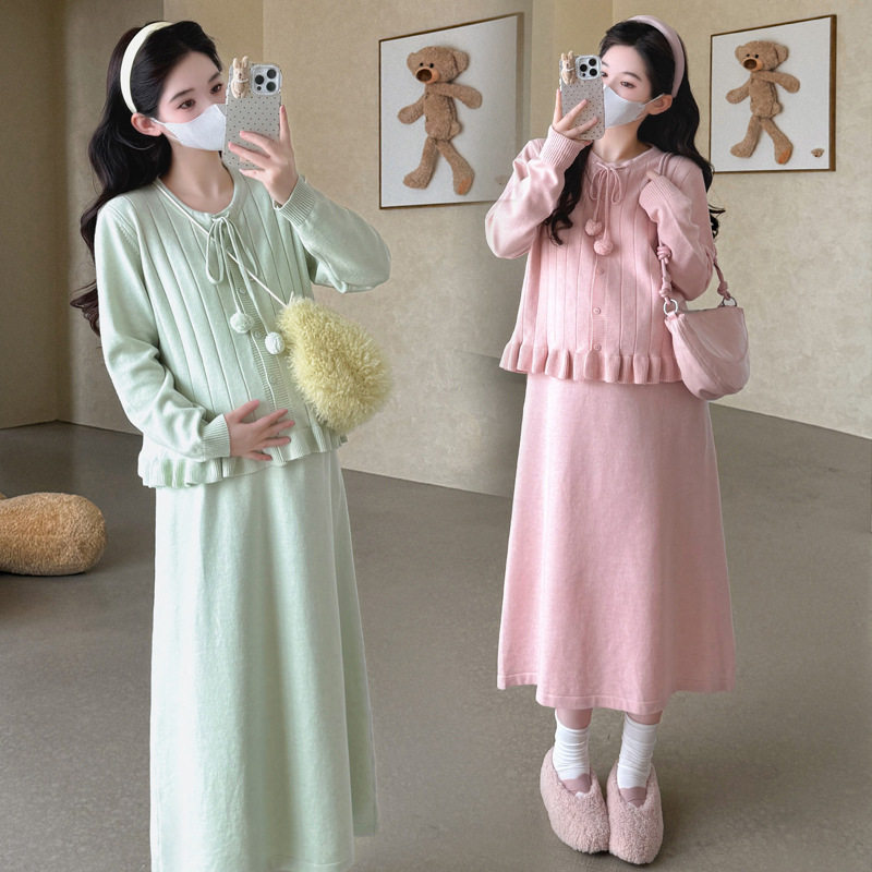 Maternity Wear with a Gentle Style for Autumn and Winter, Trendy Mom Design with Ruffled Fringe, Pom-Pom Tie, Elegant Cardigan, and Camisole Dress Two-Piece Set