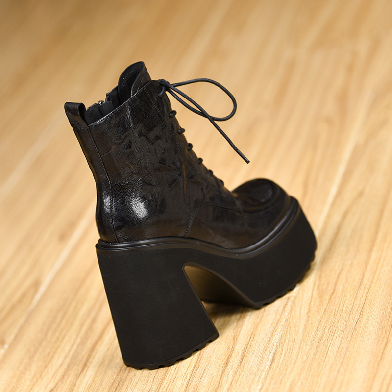 Boot Martin nữ cổ thấp gót thô tăng chiều cao 12cm mũi tròn phong cách Anh Quốc — màu đen, Màu nâu