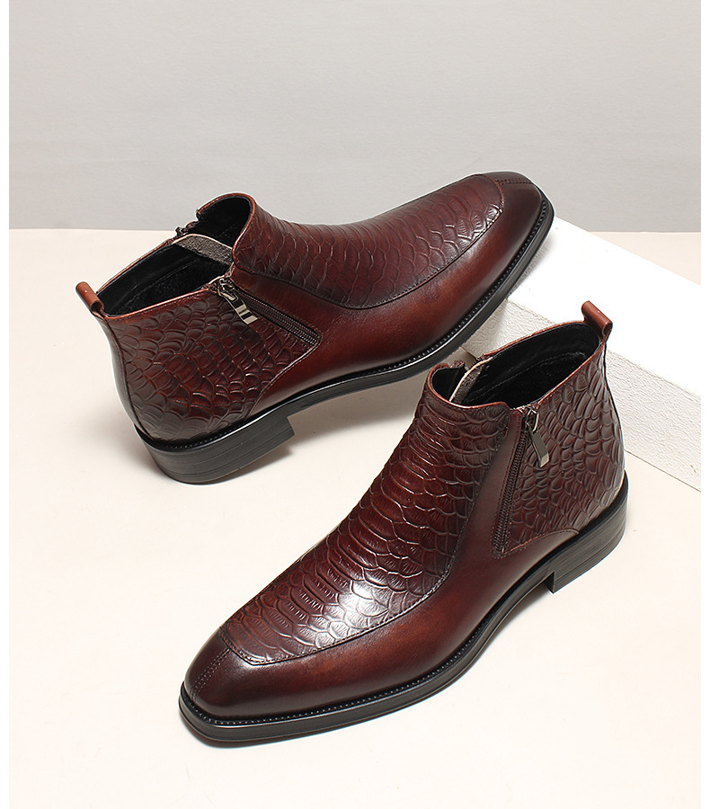 Boot cổ trung da bò dập vân cá sấu khóa kéo đôi phong cách cổ điển — Lớp lót nhung đen, Màu đen lót da, Đỏ rượu bên trong da
