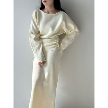 French Style One-Line Collar Waist Top for Women + High-Waisted Knitted Skirt for Women, Two-Piece Suit Ss864