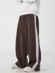 American High-Street Side Stripe Tapered Cargo Pants, Retro Elastic Waist Joggers, Loose Fit Casual Trousers
