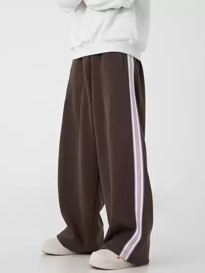 American High-Street Side Stripe Tapered Cargo Pants, Retro Elastic Waist Joggers, Loose Fit Casual Trousers
