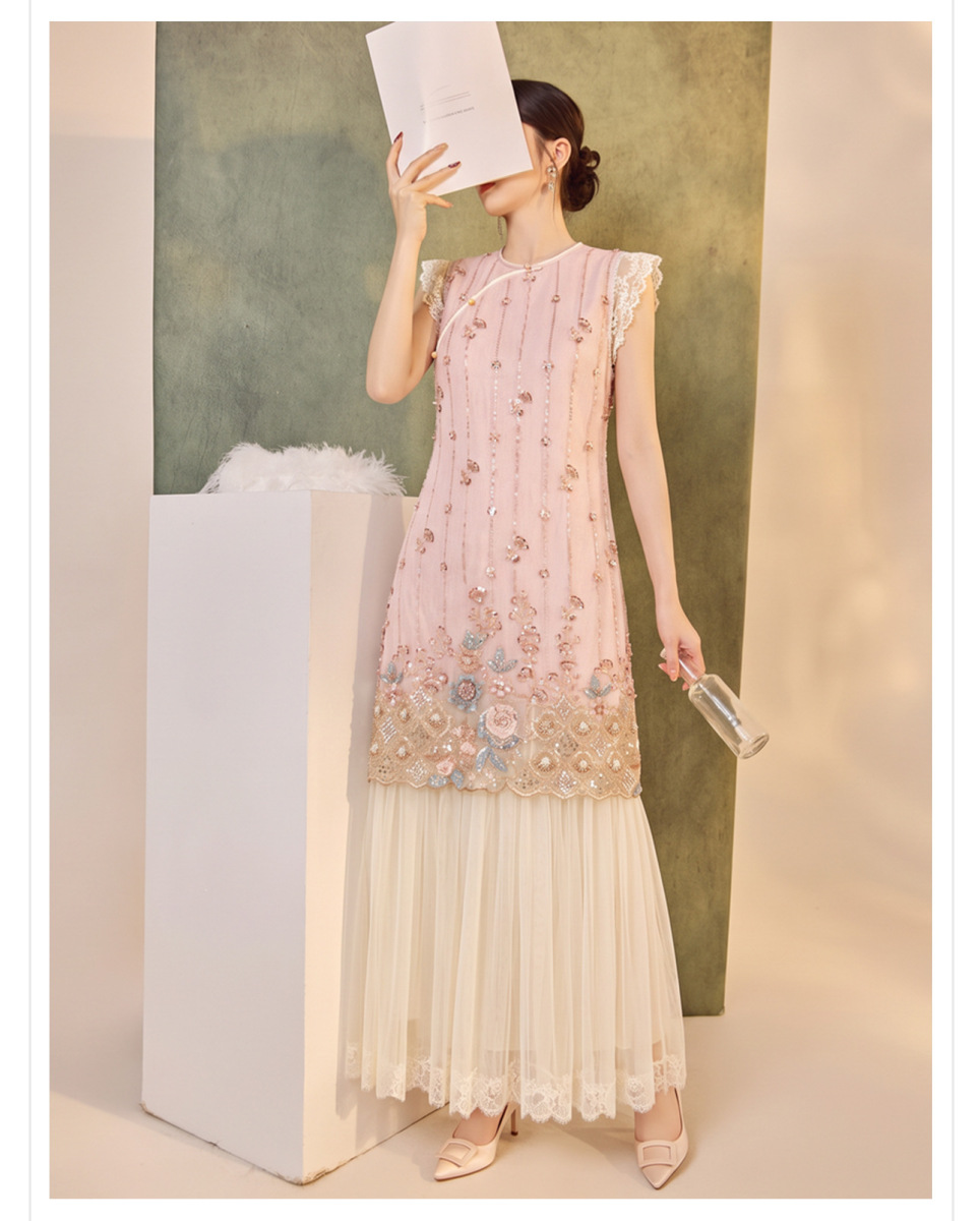 Đầm dài nữ thêu đính sequin phối ren tay cánh tiên dáng chữ A — Màu hồng nhạt