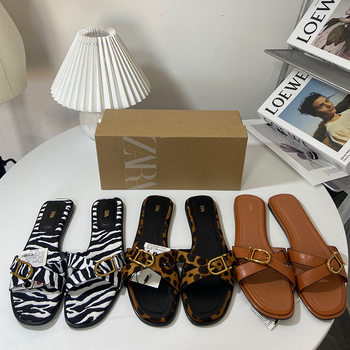 ZA Summer New Product 2023 Flats Women's Shoes Cross Metal Buckle with Shallow Mouth Casual Versatile Back Empty Flat Heel Sandals for Women