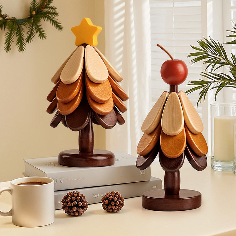 High-End Christmas Tree Heat Insulation Mat, Table Decoration, Creative Tree-Shaped Solid Wood Anti-Scalding Pot Mat, Foldable Coaster, Bowl Mat