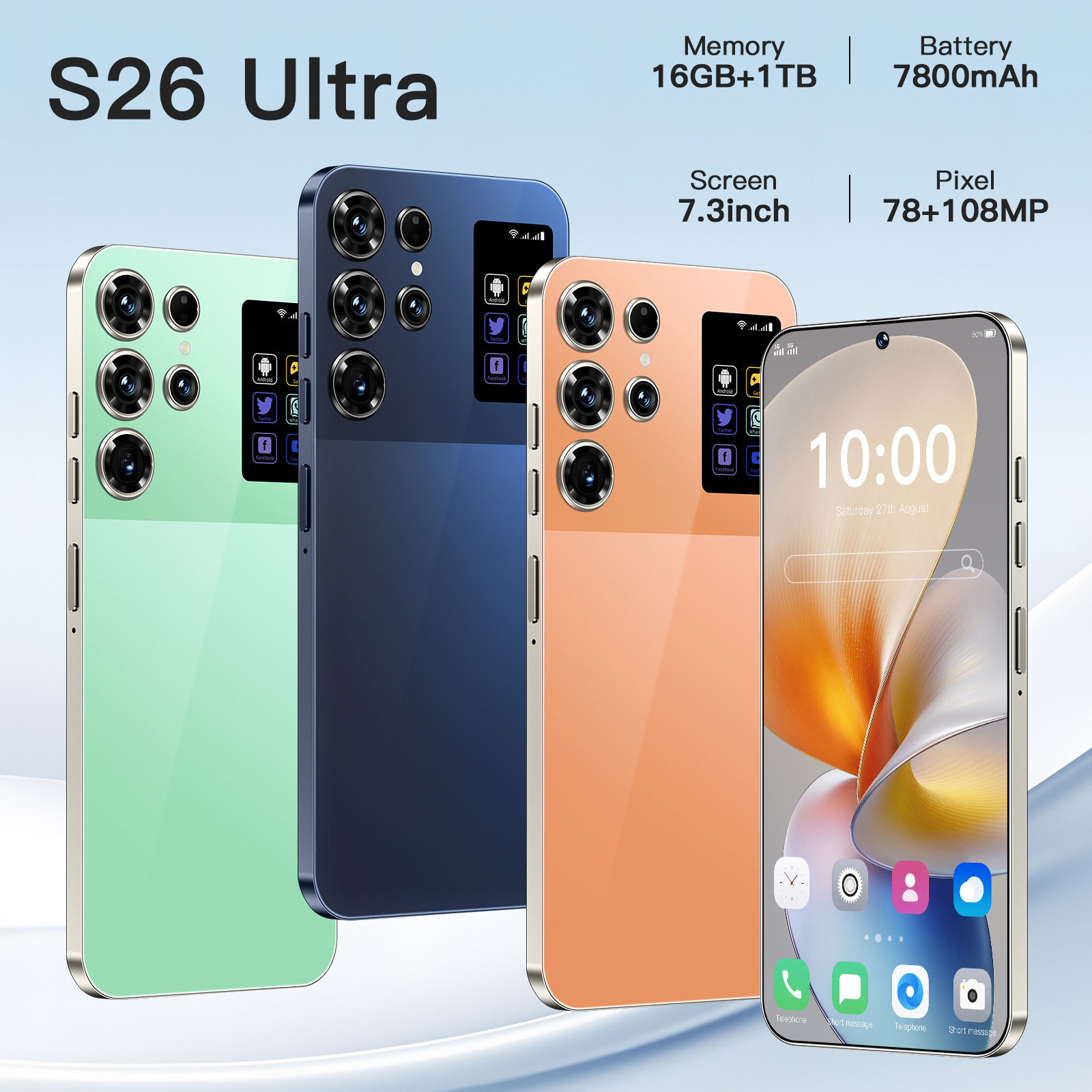 跨境爆款手机S26 Ultra  真4G八核16+1TB 中穿孔7.3寸大屏 安卓14