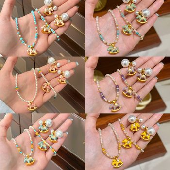 Original Colorful Dopamine Oil-Drip Trojan Horse Beaded Pearl Necklace Accessory for Women, Light Luxury Niche High-End Clavicle Chain