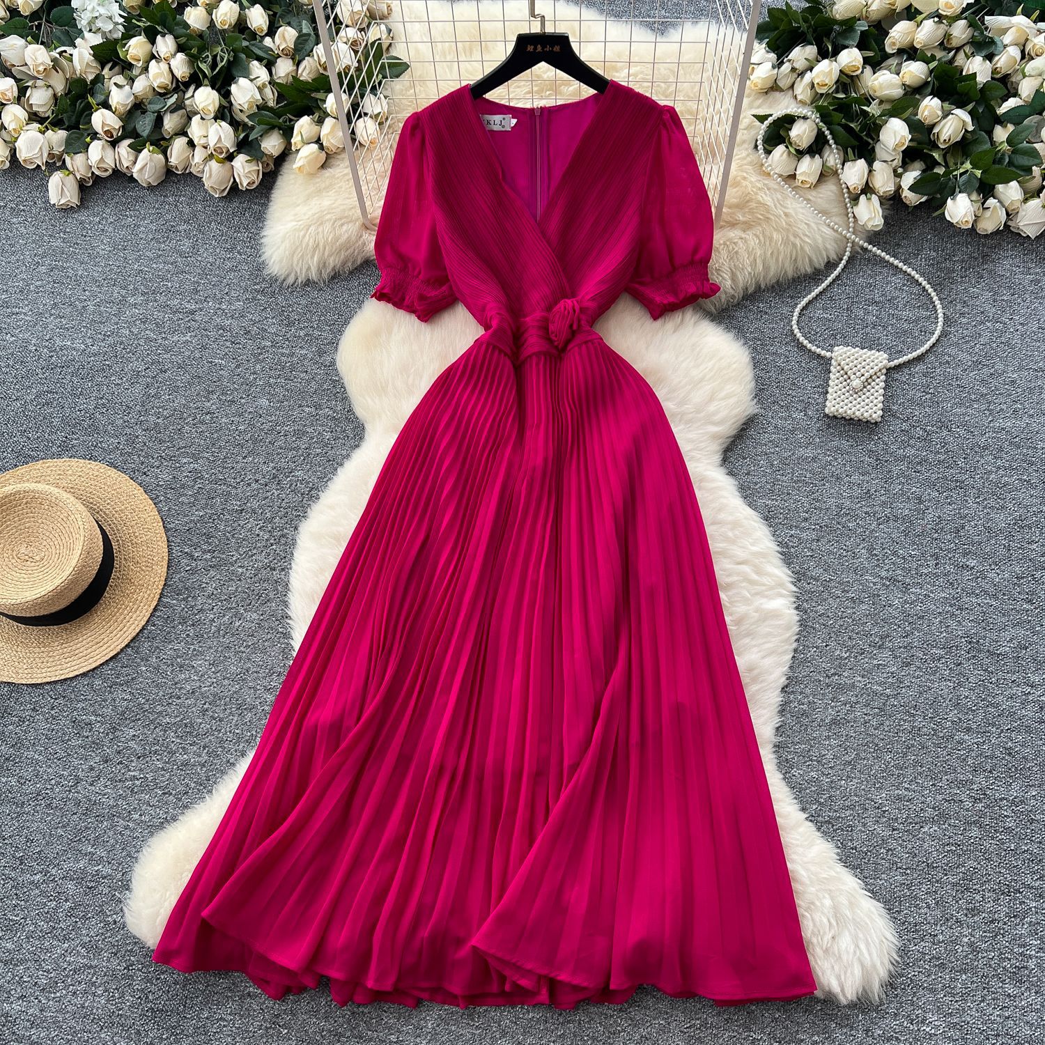 French Elegant V Neck Puff Sleeve Floral Waist Defined Pleated Maxi Dress for Women Summer Slim Fit Wholesale Available