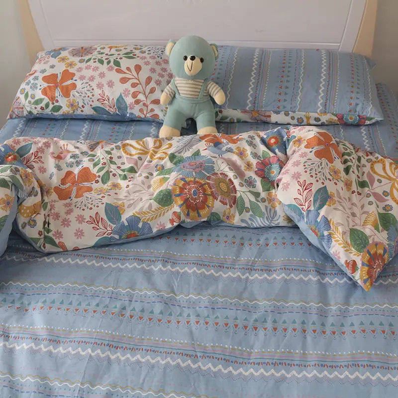 Pastoral 100 Four-Piece Set of Pure Cotton Dormitory Three-Piece Set of Bed Sheetss, Quilt Cover, Fitted Bed Sheets, Universal Bed for All Seasons