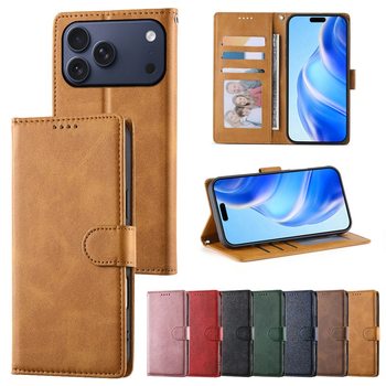 Suitable for iPhone 17 Classic Calfskin Phone Case, Apple 16 Solid Color Card Holder Stand, S26 Google 10 Case